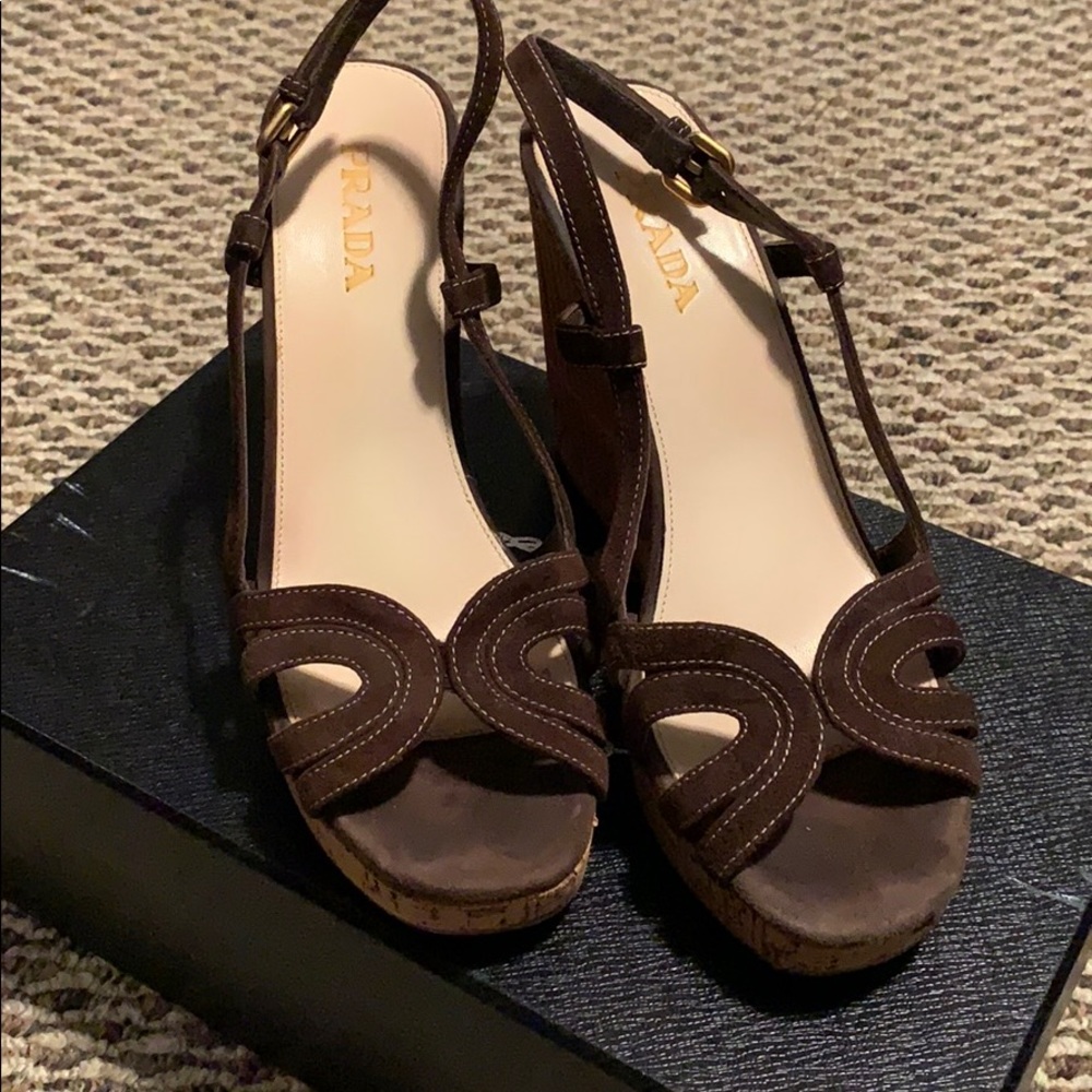 Ladies Prada brown suede wedges.